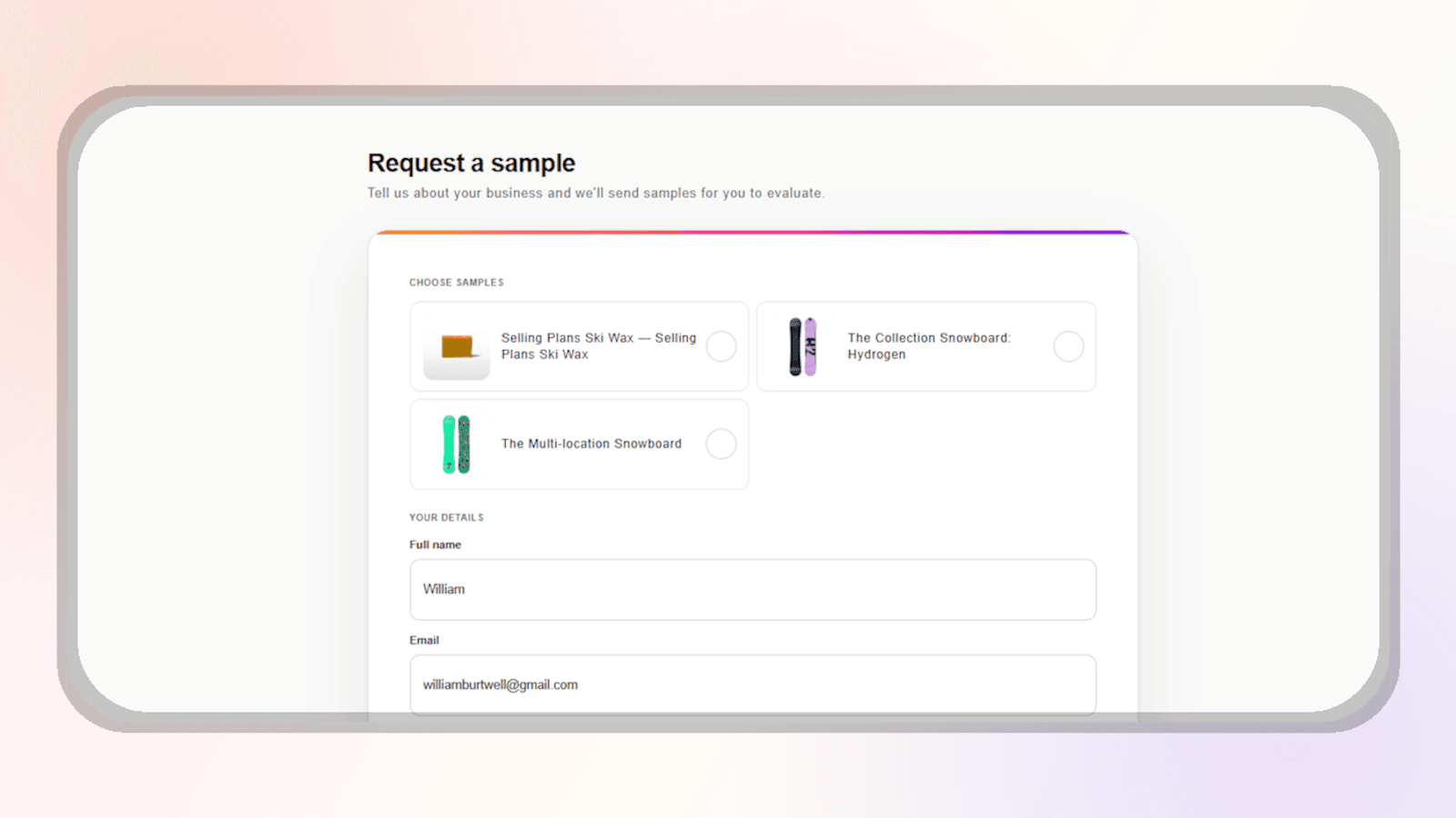 Storefront sample-request form with three snowboard variants and a contact section.