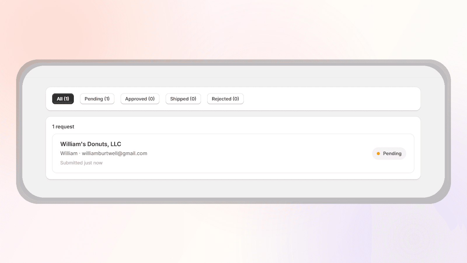 SampleLoop request inbox with status filters and a pending request from William's Donuts, LLC.