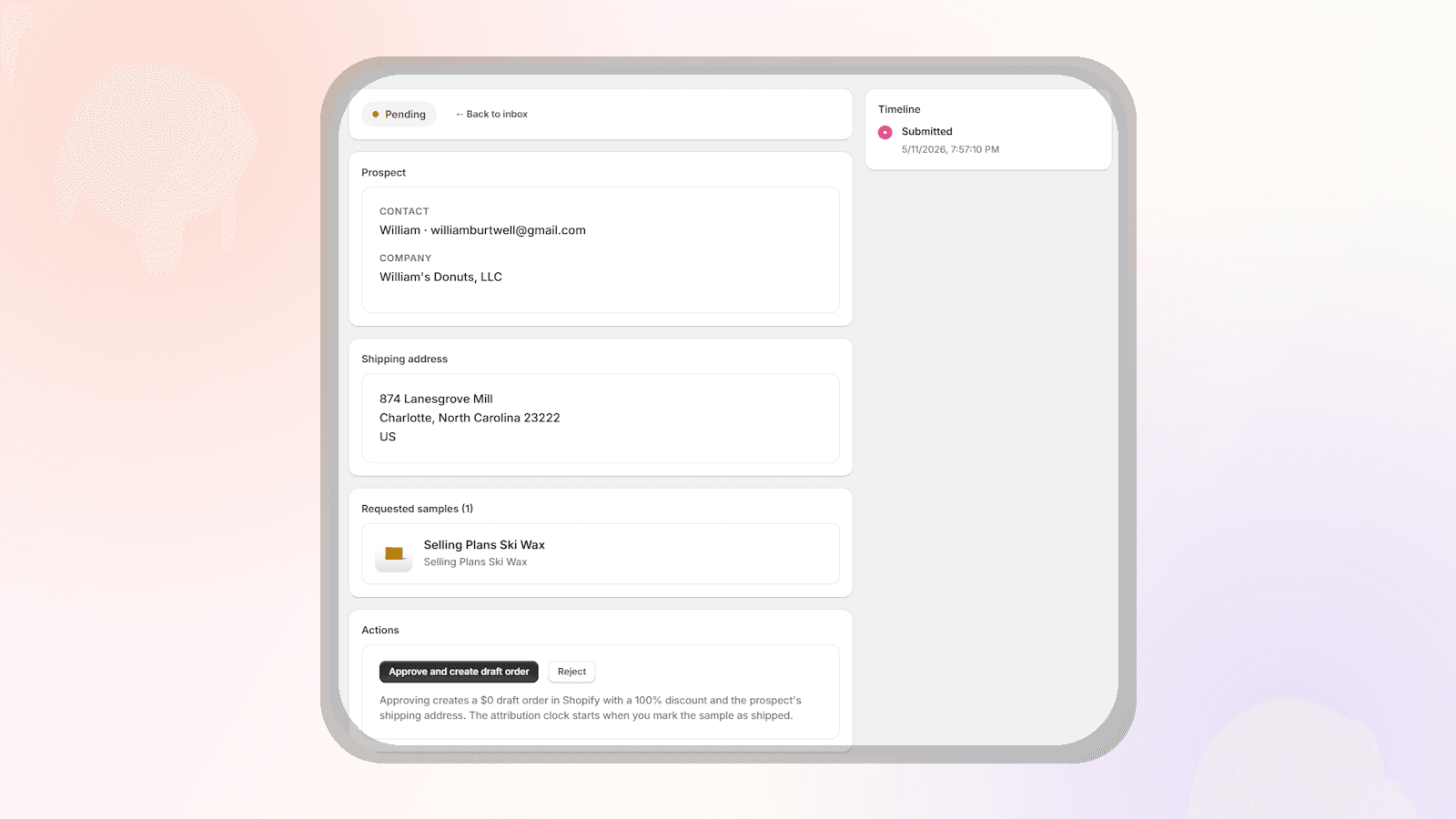 Request detail page showing prospect details, shipping address, requested samples, and the Approve and create draft order button.